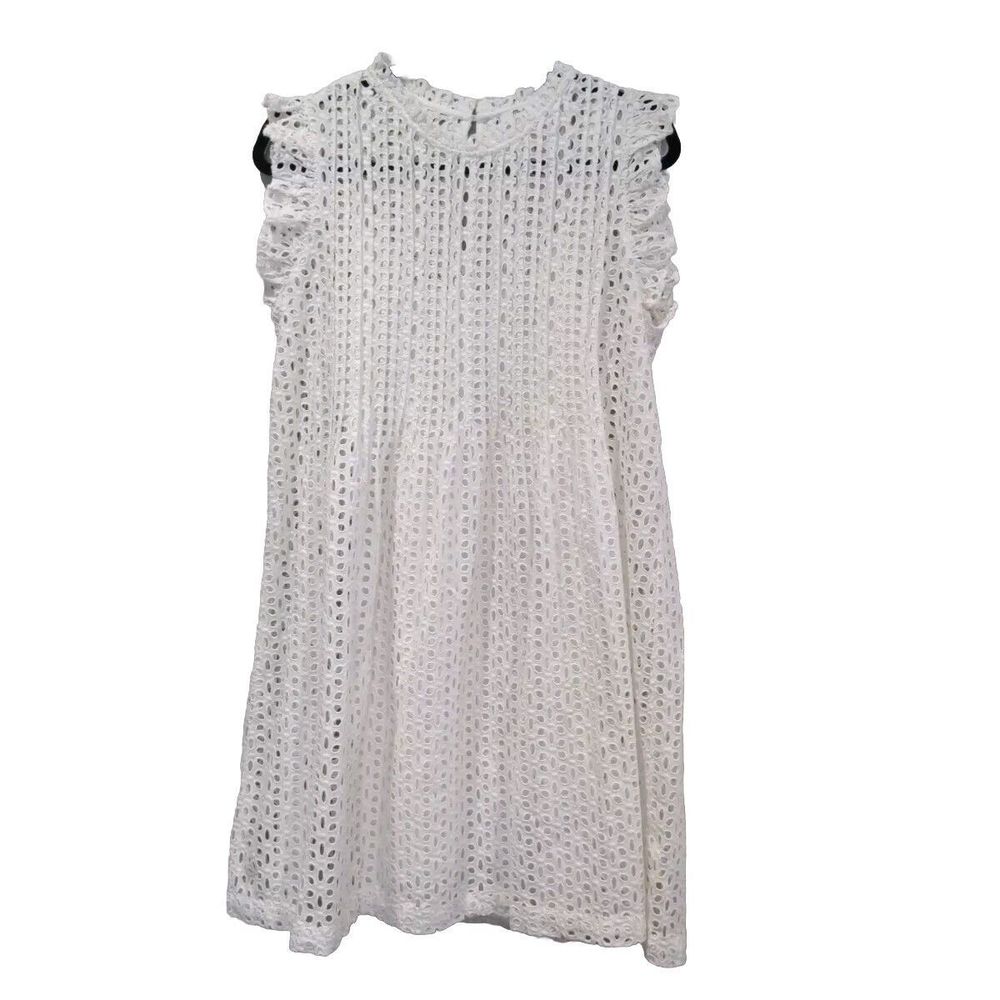 NWT Madewell Womens Eyelet Ruffle-Sleeve Pintuck Mini Dress Size M White Classic